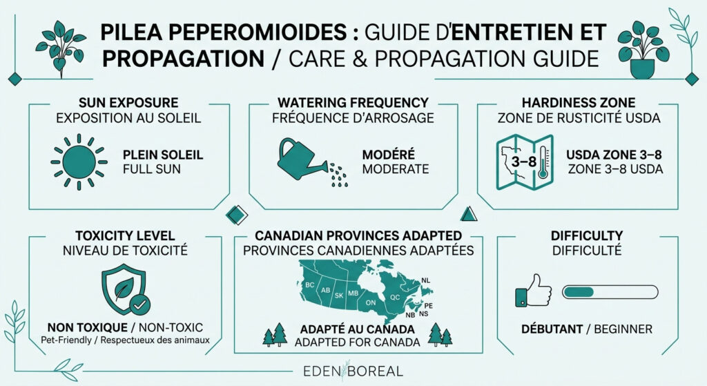 Pilea Peperomioides : Care and Propagation Guide — care & hardiness zone infographic