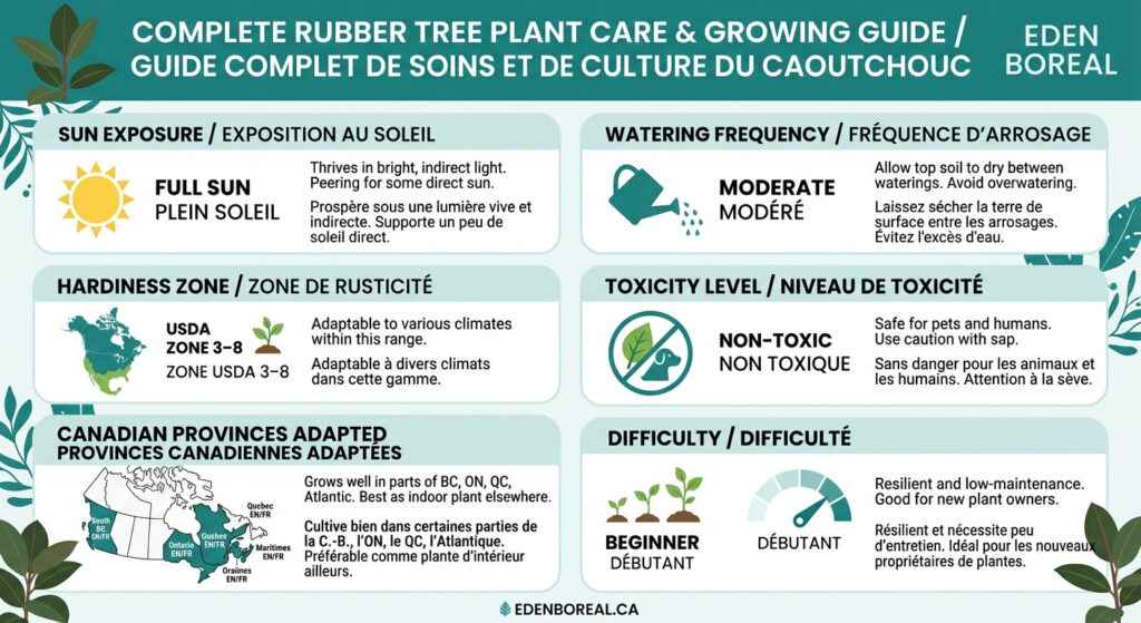 Rubber Tree Plant - Complete Care and Growing Guide — care & hardiness zone infographic