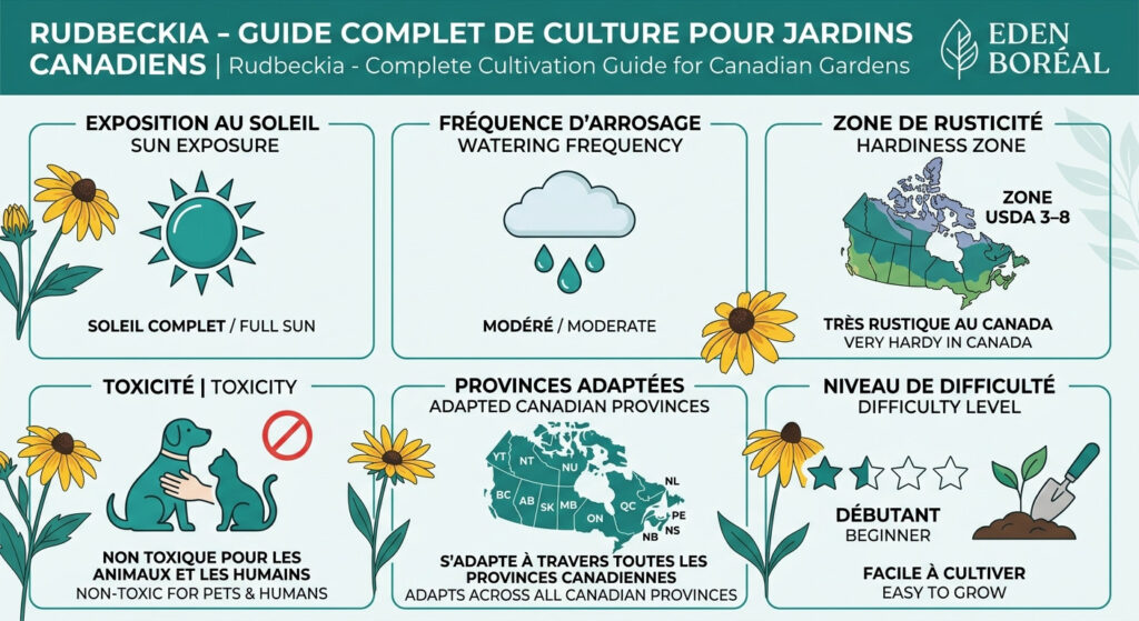 Rudbeckia - Guide complet de culture pour jardins canadiens — infographie soins et zones de rusticité