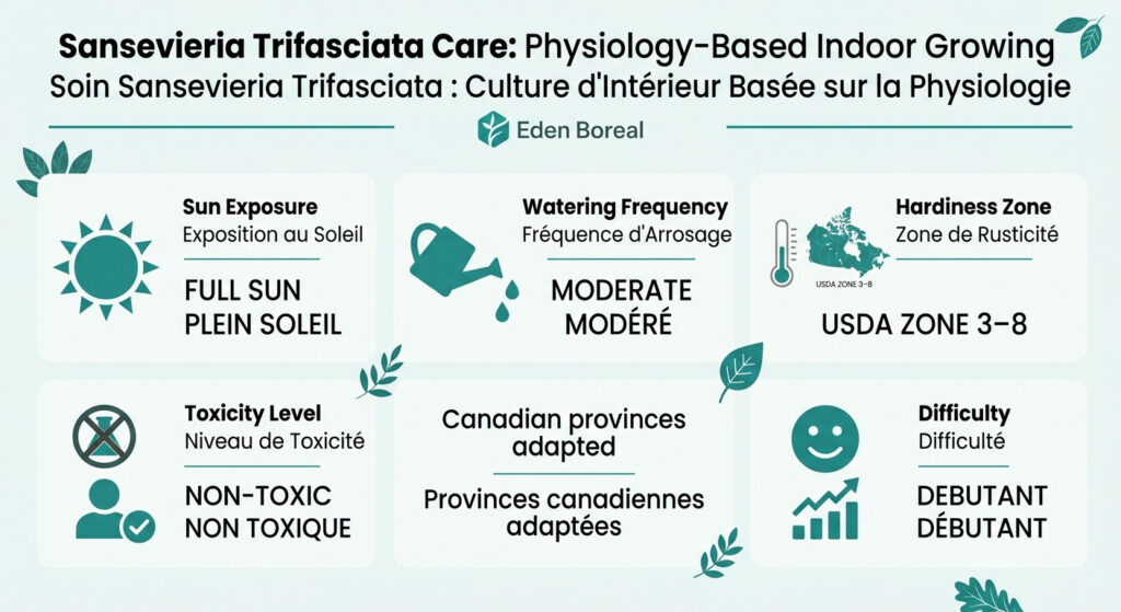 Sansevieria Trifasciata Care: Physiology-Based Indoor Growing — care & hardiness zone infographic