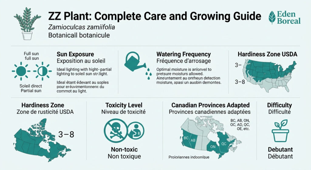 ZZ Plant: Complete Care and Growing Guide — care & hardiness zone infographic